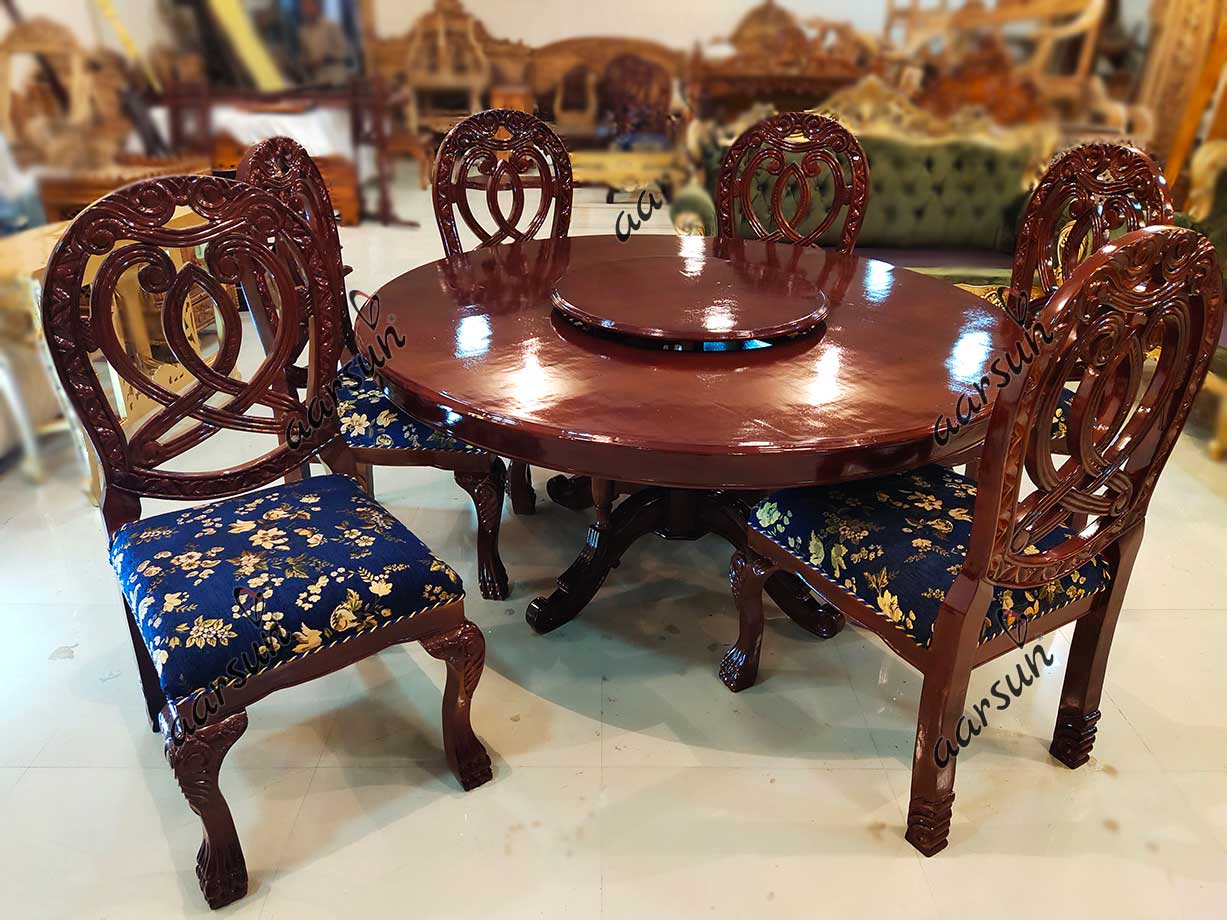 6 Seater Round Dining Table Set Dark Brown Finish view 3