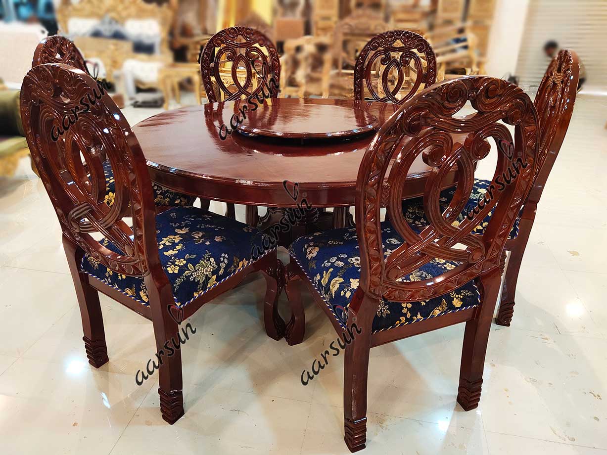 6 Seater Round Dining Table Set Dark Brown Finish view 7