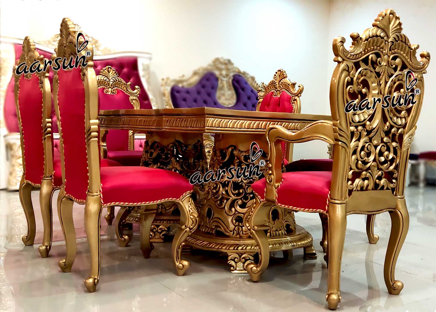 6 Seater Dining Set in Gold Paint & Pink Fabric view 3