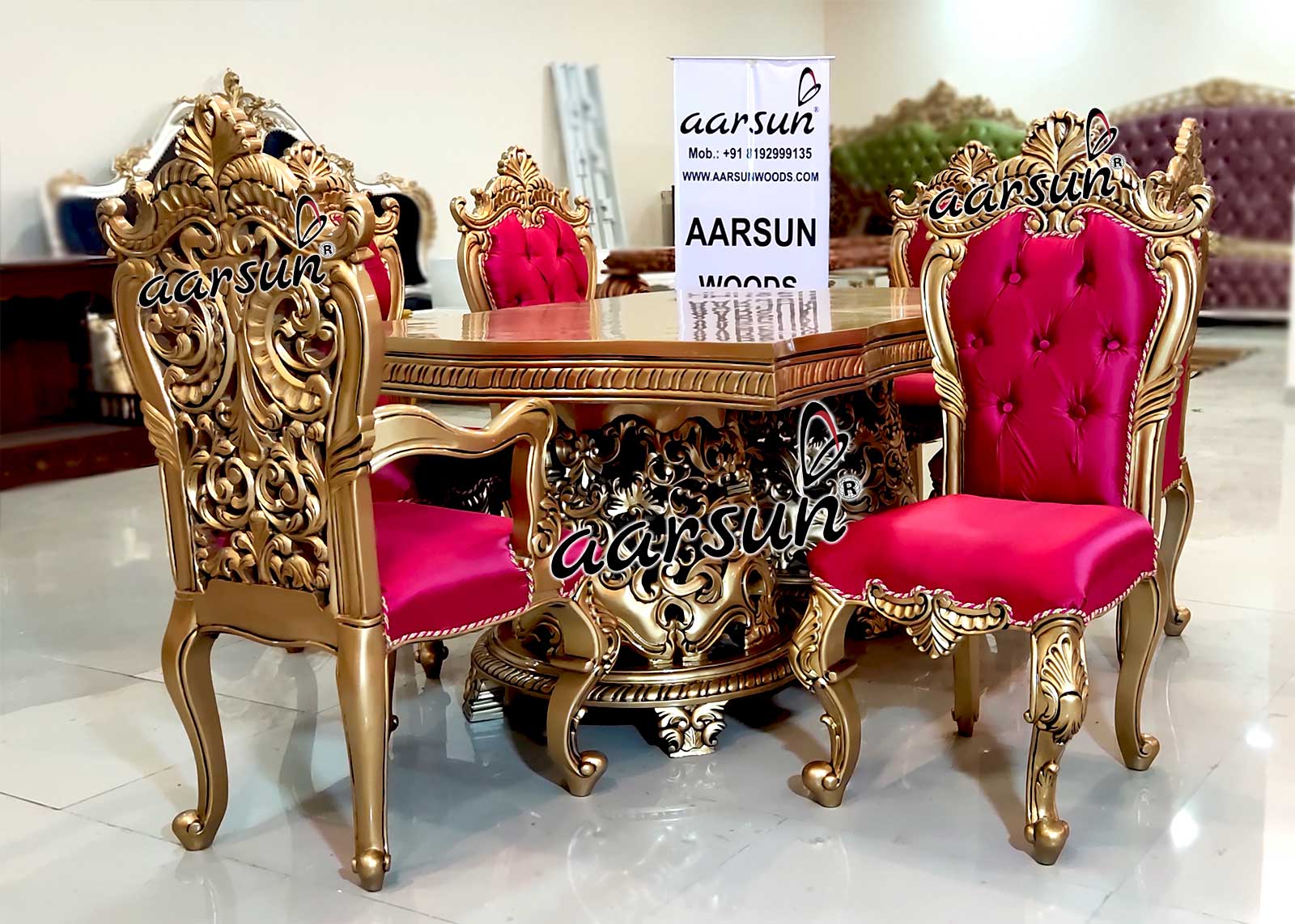 6 Seater Dining Set in Gold Paint & Pink Fabric view 5