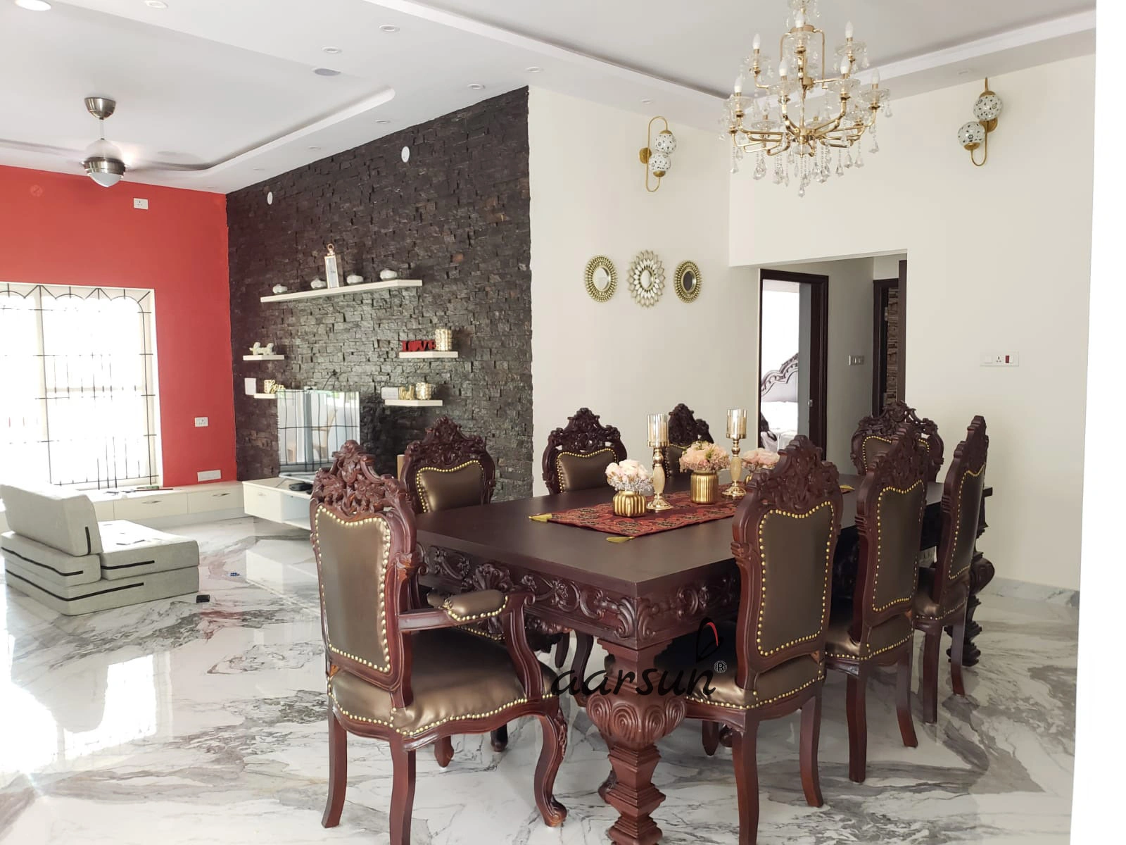 Luxury Handcrafted Wooden Dining Set with Carved Chairs view 3