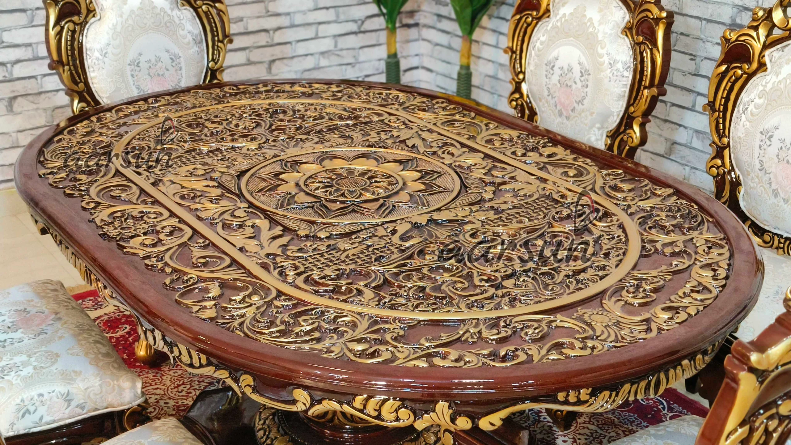 Teak Wood Double Carved 6 Seater Oval Dining Set Design view 5