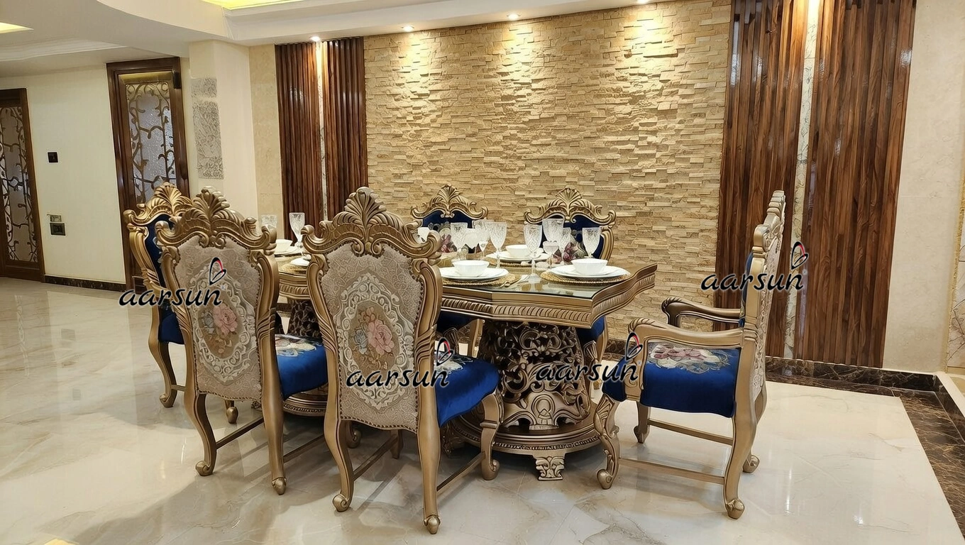 सागौन की लकड़ी में डबल नक्काशीदार 6 सीटर डाइनिंग