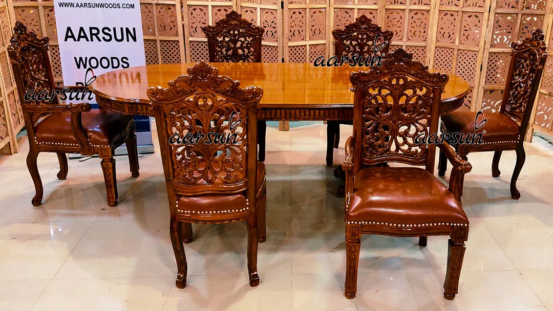 6 Seater Dining Set in Teak Wood Teak Glossy Finish view 6
