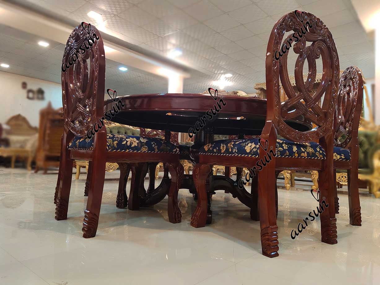 6 Seater Round Dining Table Set Dark Brown Finish view 5
