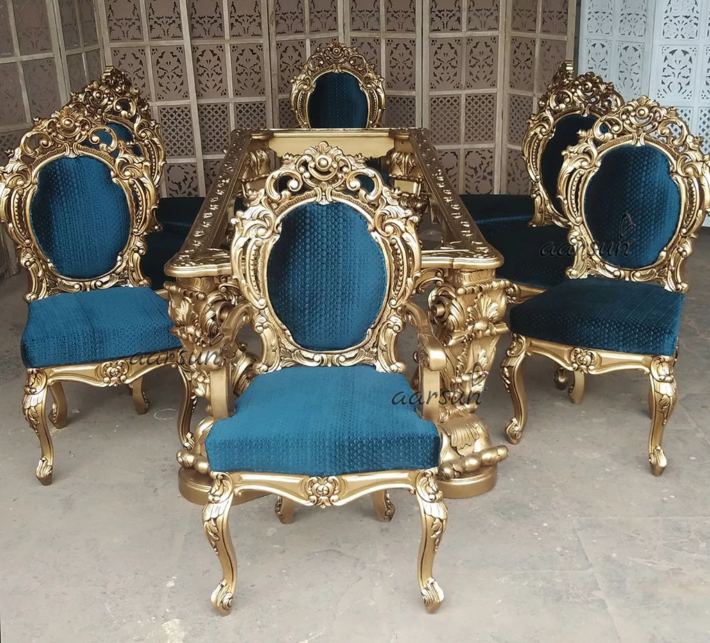 8 Seater Teak Wood Dining Set with Royal Blue Fabric view 4