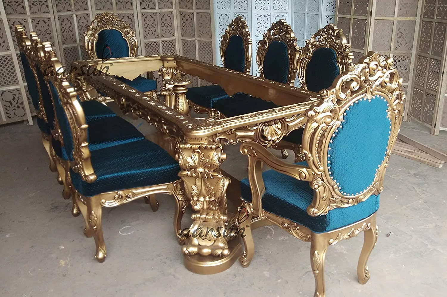 8 Seater Teak Wood Dining Set with Royal Blue Fabric view 5