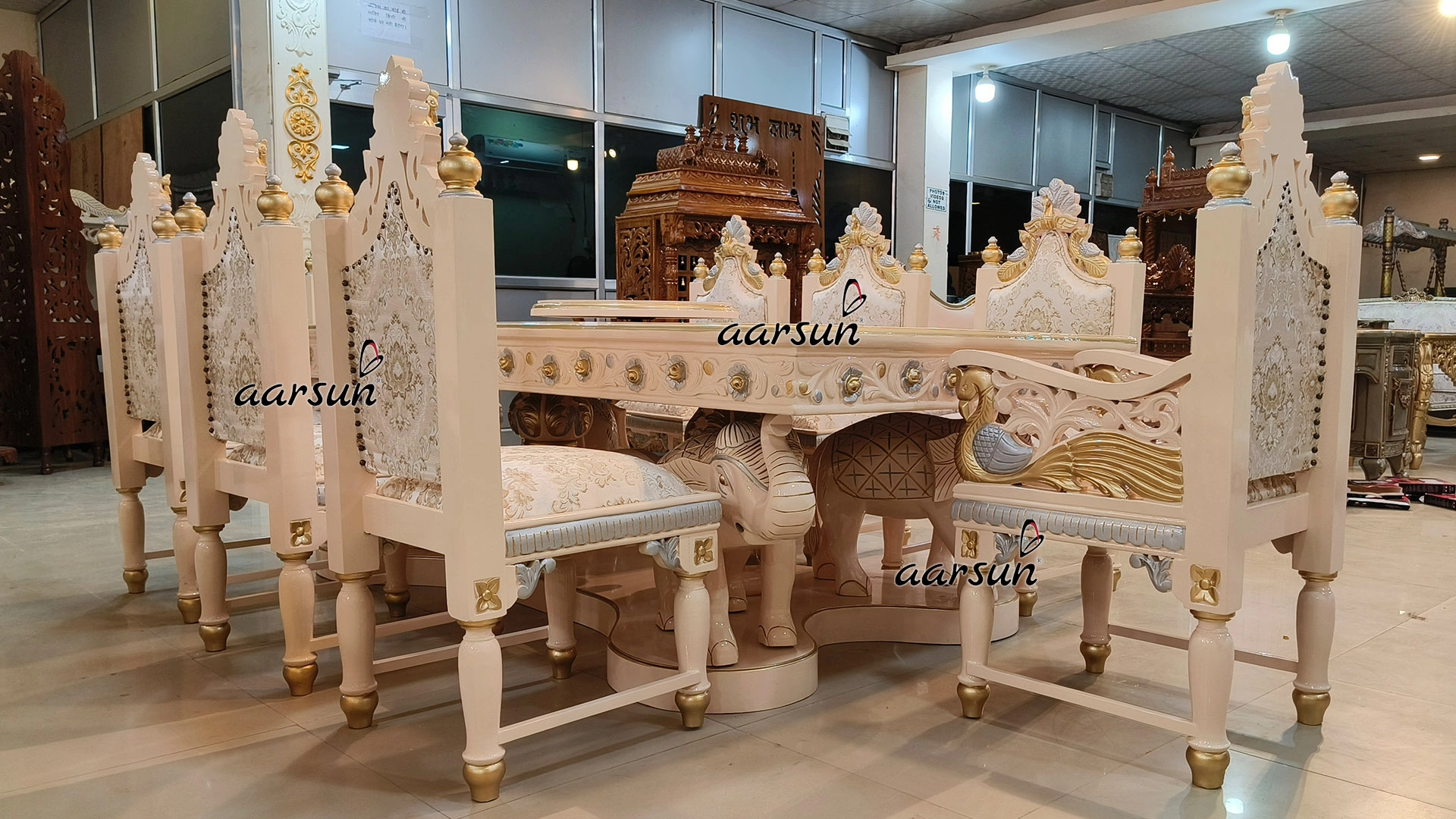 Dining Table Set with Peacock and Swan Carving view 3