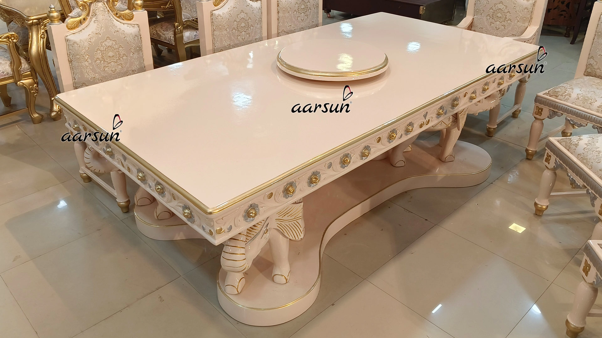 Dining Table Set with Peacock and Swan Carving view 5