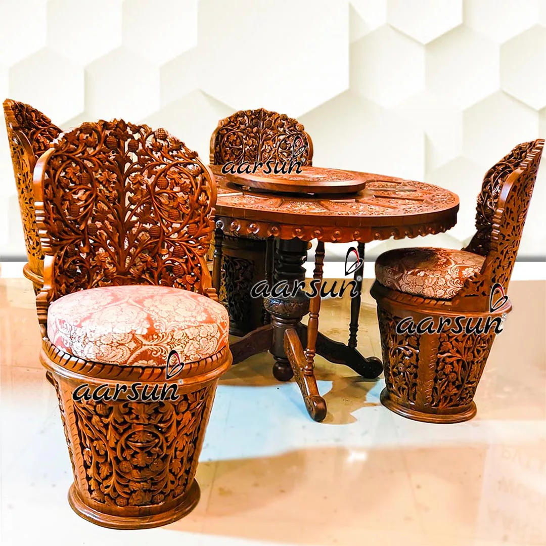 Hand Carved 4 Seater Round Dining Set