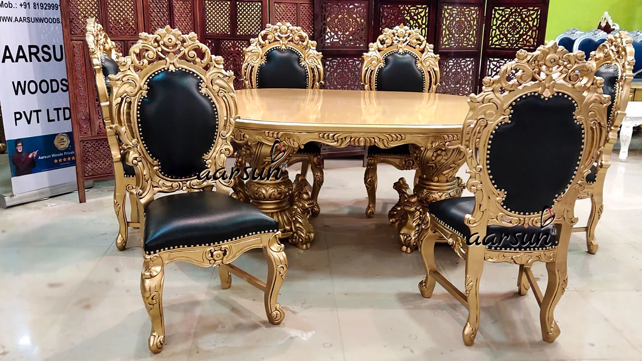 Luxurious Dining Set 6 Seater in Antique Gold Paint & Teak Wood view 5