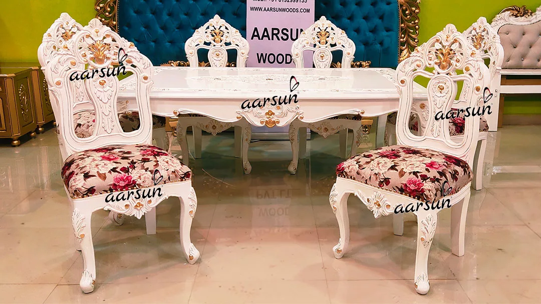 Luxurious White & Gold Dining Set for 6 view 6