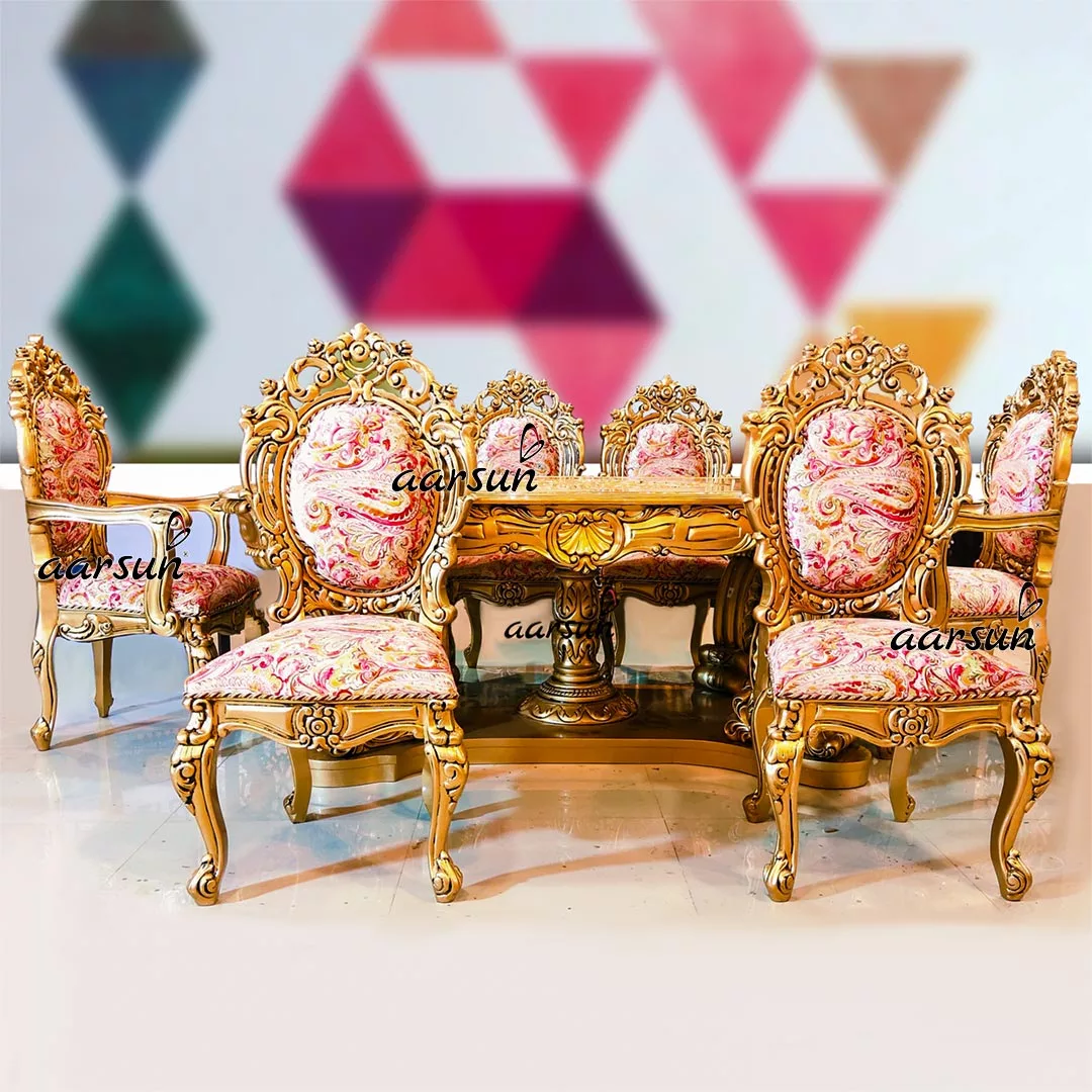 Luxury 6 Seater Gold Dining Set in Teak Wood