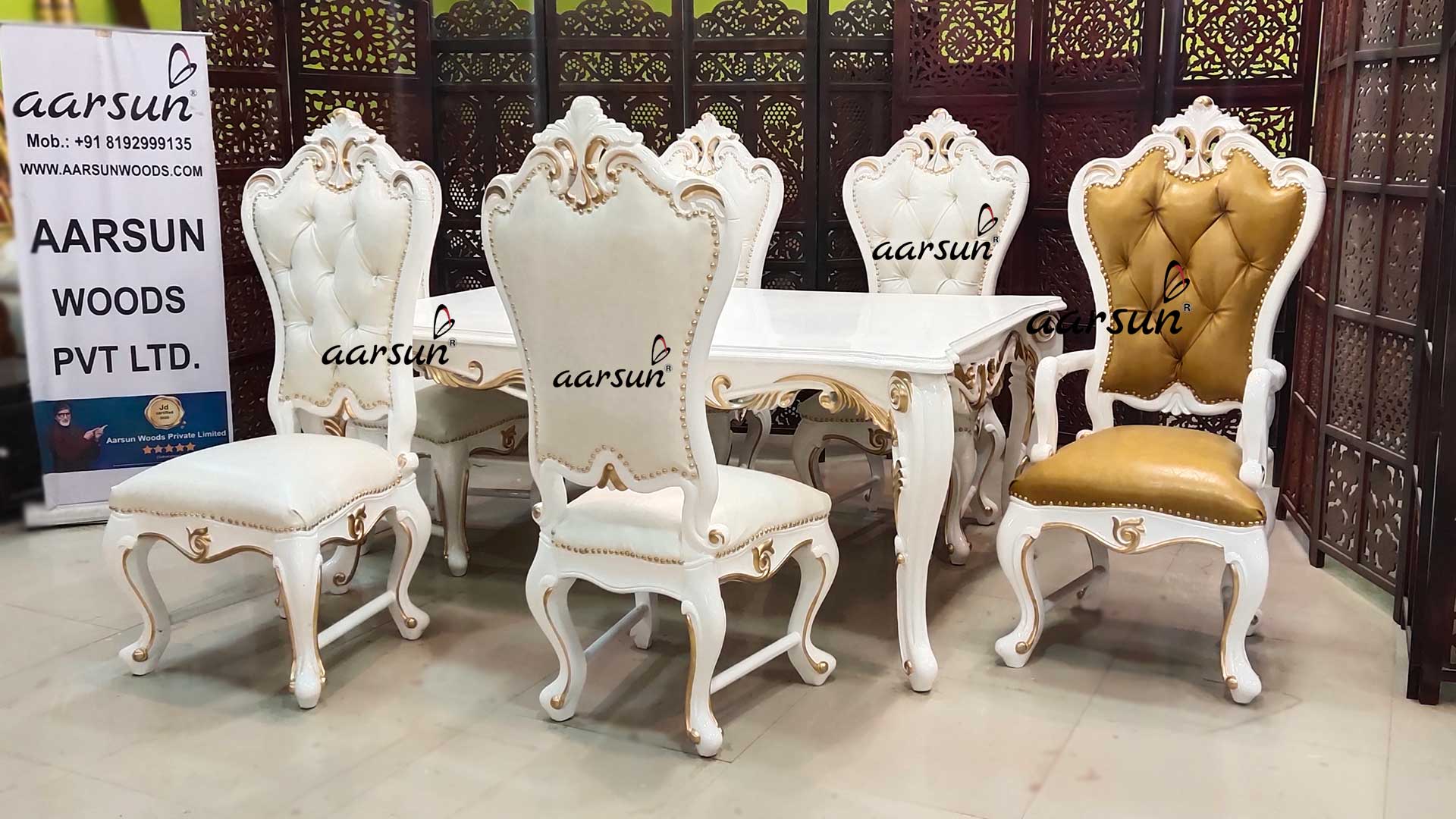 Royal Dining Set 6 Seater in White & Gold view 3