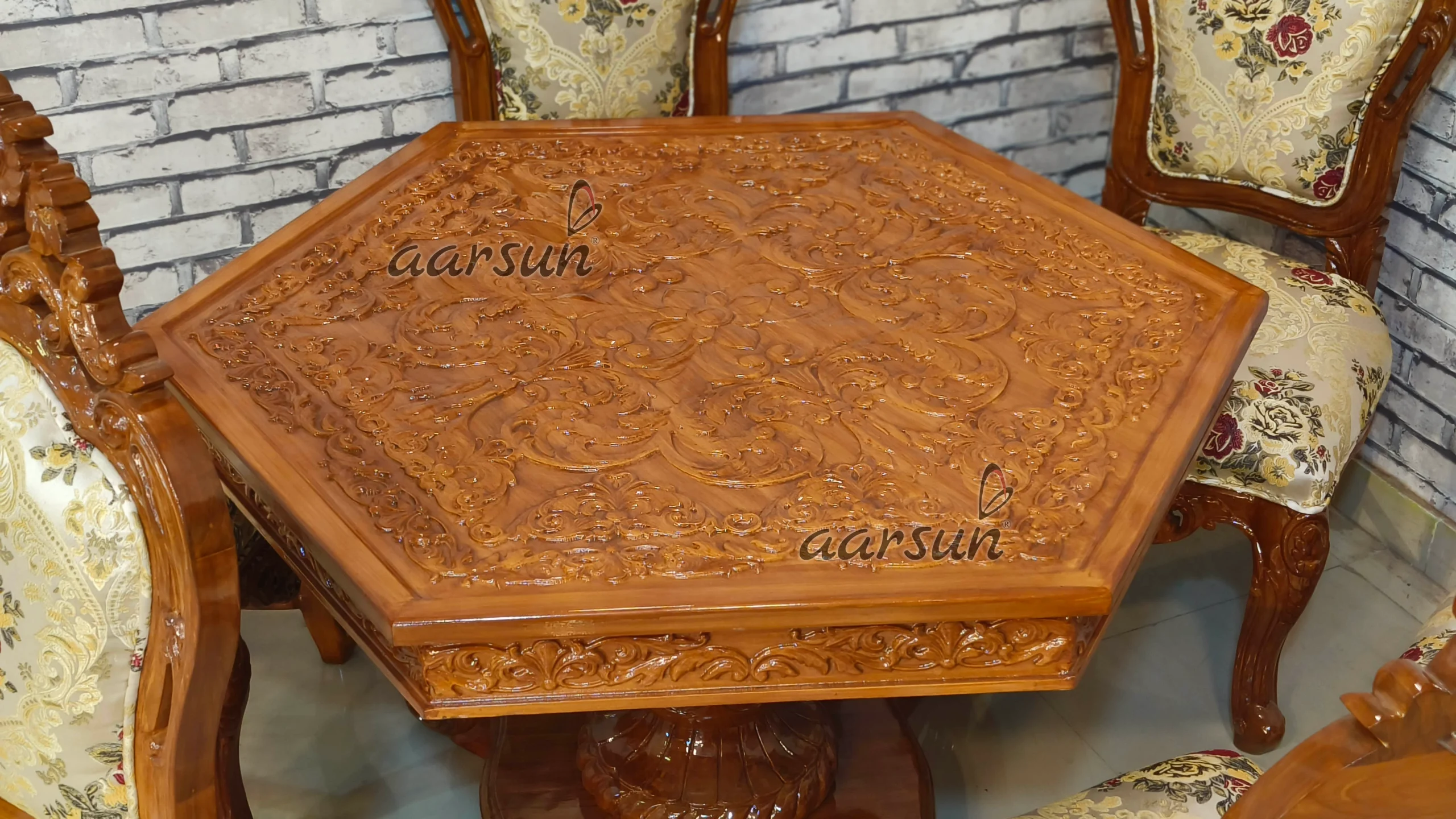 Wooden Handcrafted Hexagon Shape Dining Table Set Design view 4