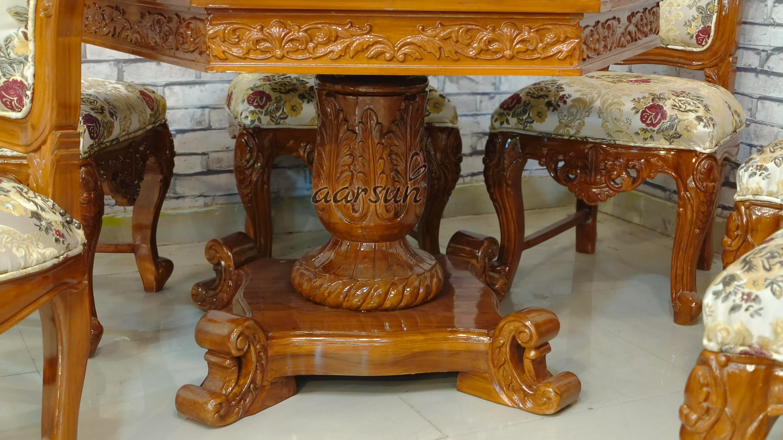 Wooden Handcrafted Hexagon Shape Dining Table Set Design view 6
